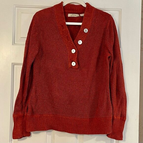 Natural Reflections Orange Waffle V-neck Long Sleeve Sweater Medium - Picture 2 of 10